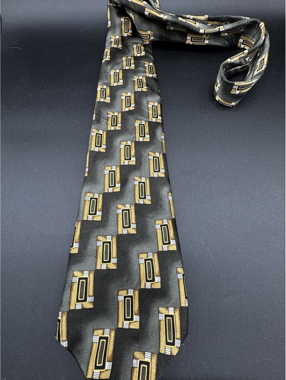 Consenso XL 100% Silk Necktie Brownish Gold Geometric Square Pattern Extra Long